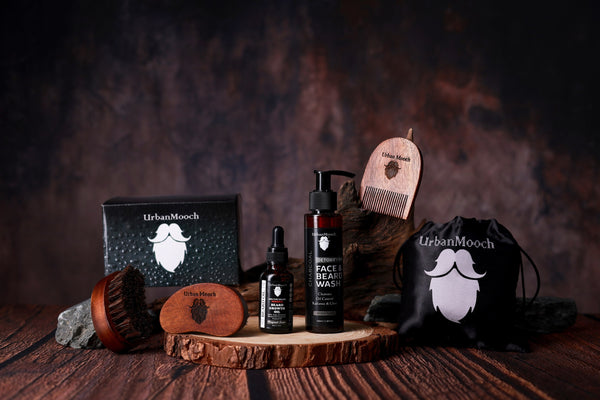 UrbanMooch 4 in 1 Beard Grooming Kit for Men | Anniversary, Birthday, Valentine Gift for Brother, Boyfriend, Husband | Charcoal Face & Beard Wash, Powerful Beard Growth Oil, Boar Bristle Beard Brush & Wooden Beard Comb