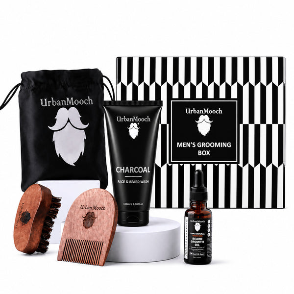 UrbanMooch 4 in 1 Beard Grooming Kit for Men | Anniversary, Birthday, Valentine Gift for Brother, Boyfriend, Husband | Charcoal Face & Beard Wash, Powerful Beard Growth Oil, Boar Bristle Beard Brush & Wooden Beard Comb