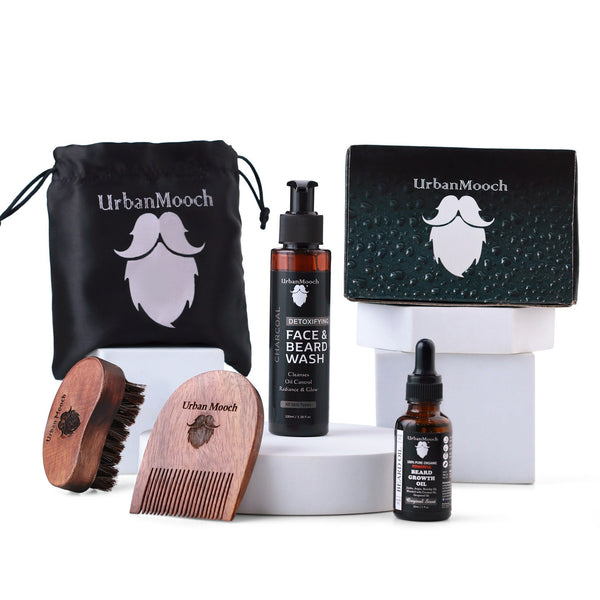 UrbanMooch 4 in 1 Beard Grooming Kit for Men | Anniversary, Birthday, Valentine Gift for Brother, Boyfriend, Husband | Charcoal Face & Beard Wash, Powerful Beard Growth Oil, Boar Bristle Beard Brush & Wooden Beard Comb