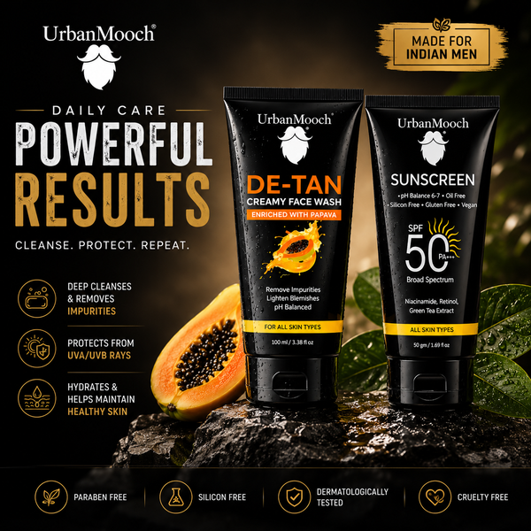UrbanMooch De-Tan Face Wash & SPF 50 PA+++ Sunscreen Combo for Men | Tan Removal & UV Protection | Daily Skin Care Kit