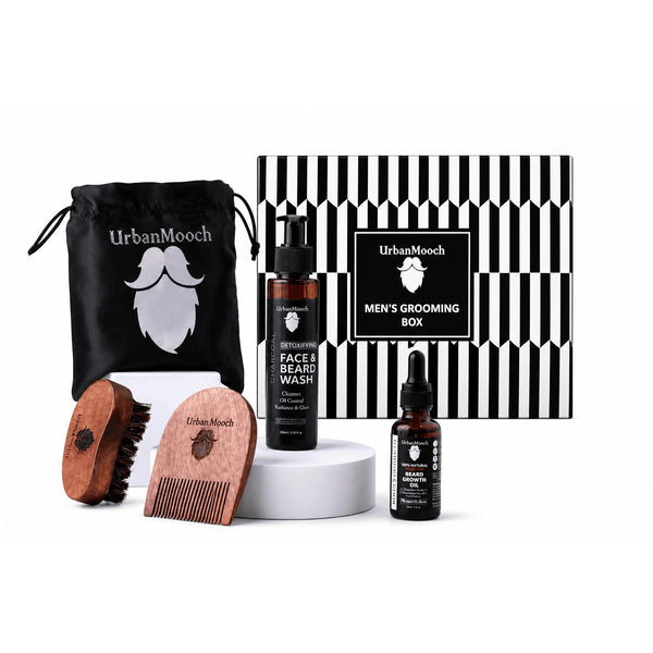 UrbanMooch 4 in 1 Beard Grooming Kit for Men | Anniversary, Birthday, Valentine Gift for Brother, Boyfriend, Husband | Charcoal Face & Beard Wash, Powerful Beard Growth Oil, Boar Bristle Beard Brush & Wooden Beard Comb