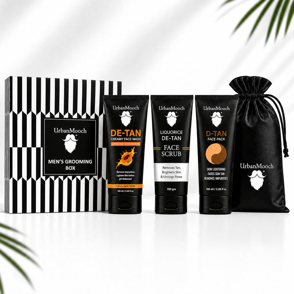 De-Tan Kit for Men | Face Wash, Face Scrub & Face Pack Combo | Removes Tan, Brightens Skin & Deep Cleanses | Men's Grooming Gift Box