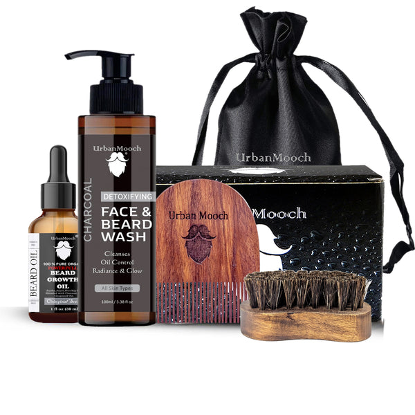 UrbanMooch 4 in 1 Beard Grooming Kit for Men | Anniversary, Birthday, Valentine Gift for Brother, Boyfriend, Husband | Charcoal Face & Beard Wash, Powerful Beard Growth Oil, Boar Bristle Beard Brush & Wooden Beard Comb